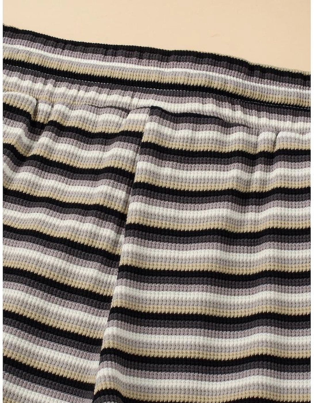 Black Stripe Rainbow Tee Tasseled String Wide Leg Pants Set