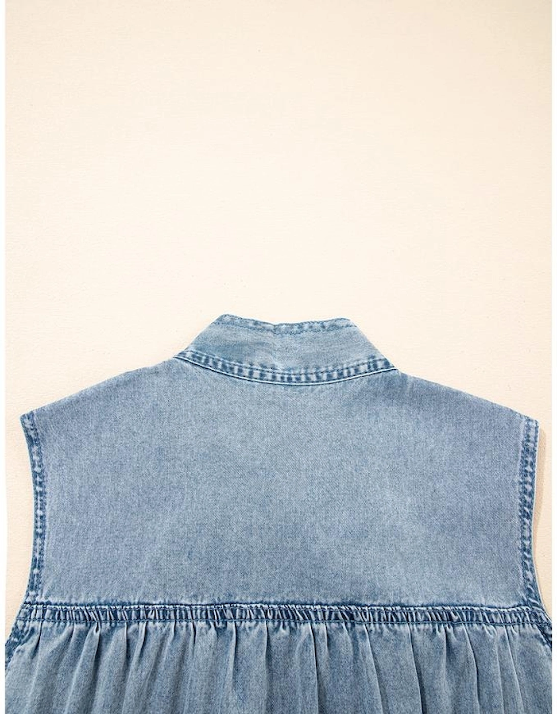 Real Teal Bowknot Neck Sleeveless Ruffled Chambray Dress