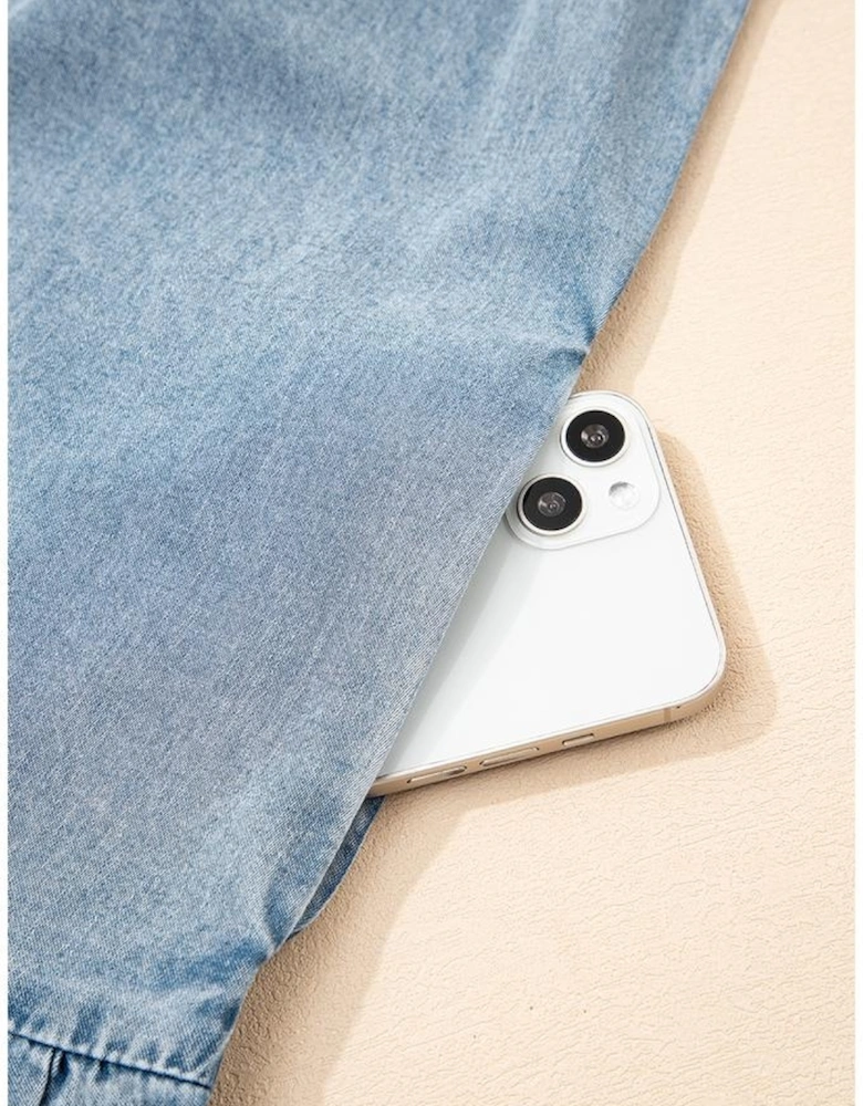 Real Teal Bowknot Neck Sleeveless Ruffled Chambray Dress