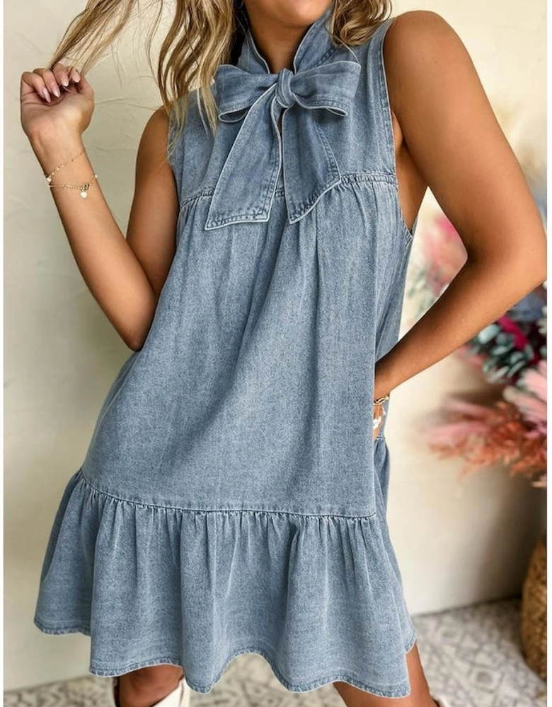 Real Teal Bowknot Neck Sleeveless Ruffled Chambray Dress
