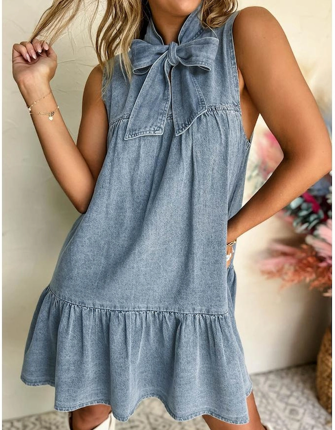 Real Teal Bowknot Neck Sleeveless Ruffled Chambray Dress