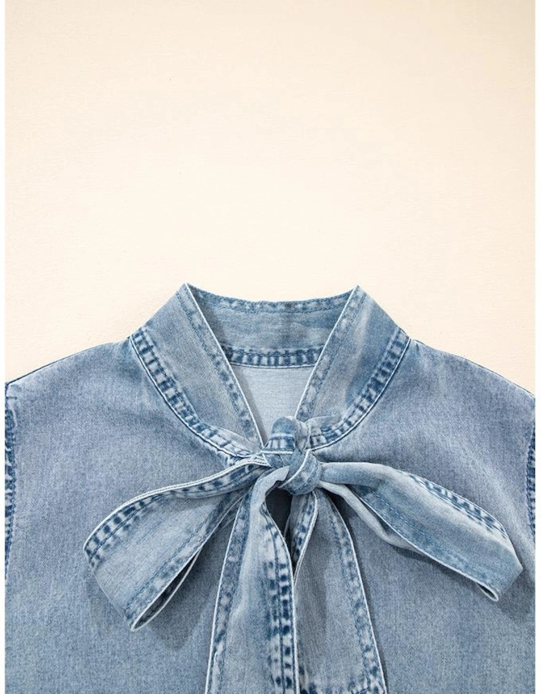 Real Teal Bowknot Neck Sleeveless Ruffled Chambray Dress