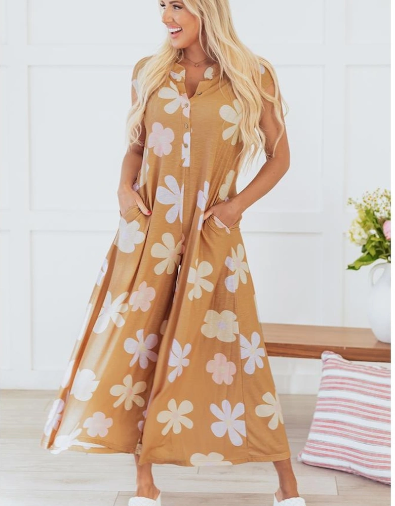 Khaki Floral Print Sleeveless Button up Wide Leg Loose Jumpsuit