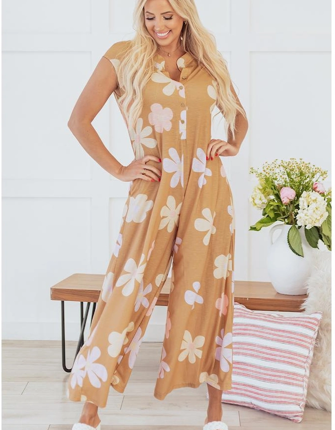 Khaki Floral Print Sleeveless Button up Wide Leg Loose Jumpsuit