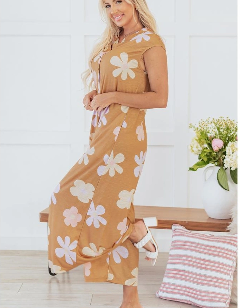 Khaki Floral Print Sleeveless Button up Wide Leg Loose Jumpsuit
