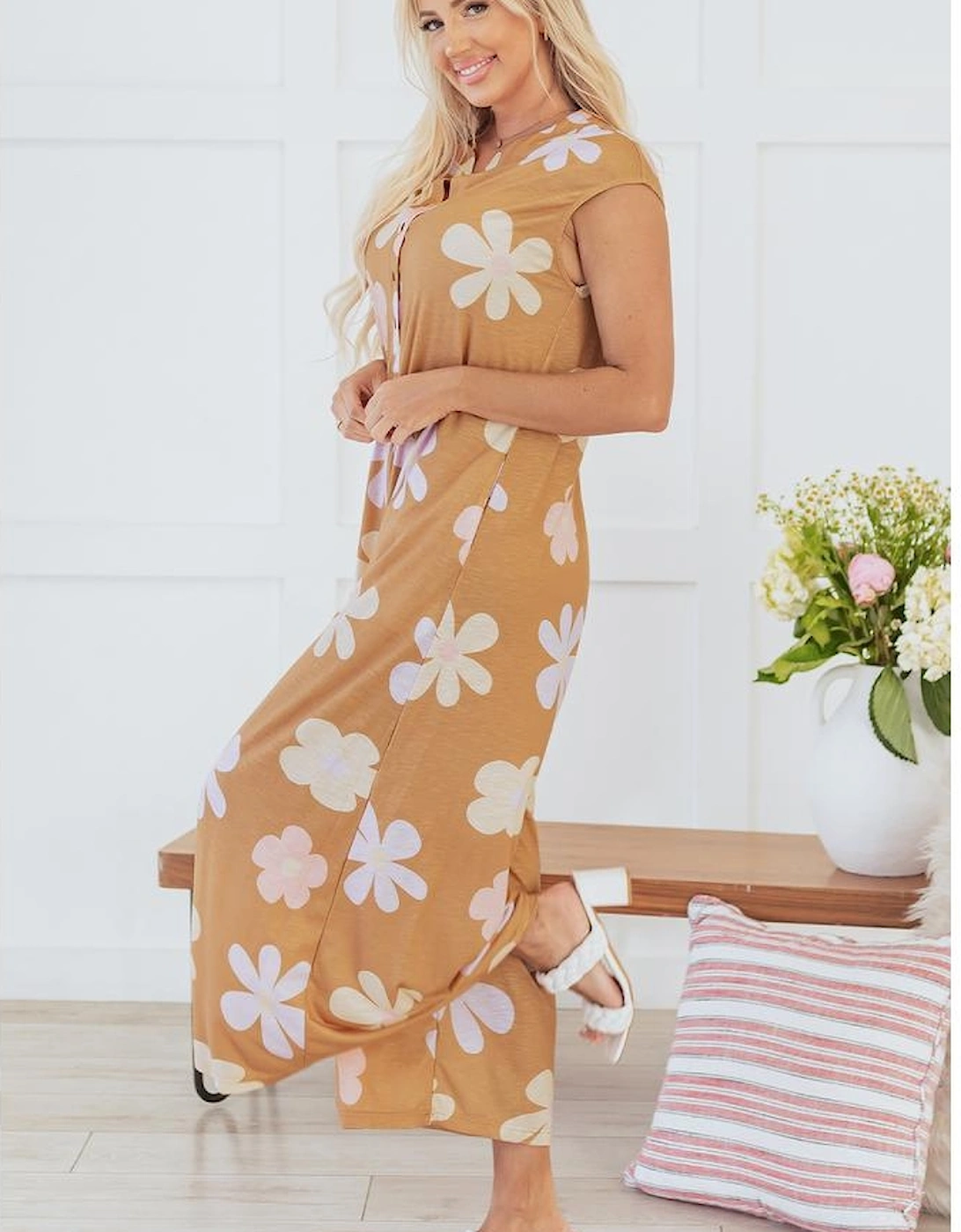 Khaki Floral Print Sleeveless Button up Wide Leg Loose Jumpsuit