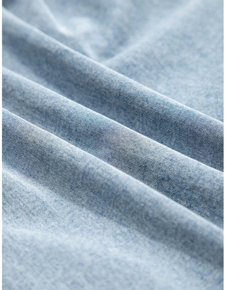 Real Teal Bowknot Neck Sleeveless Ruffled Chambray Dress