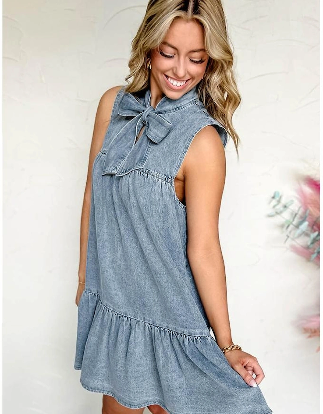 Real Teal Bowknot Neck Sleeveless Ruffled Chambray Dress