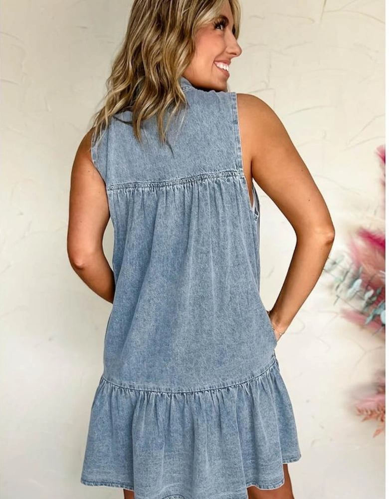 Real Teal Bowknot Neck Sleeveless Ruffled Chambray Dress