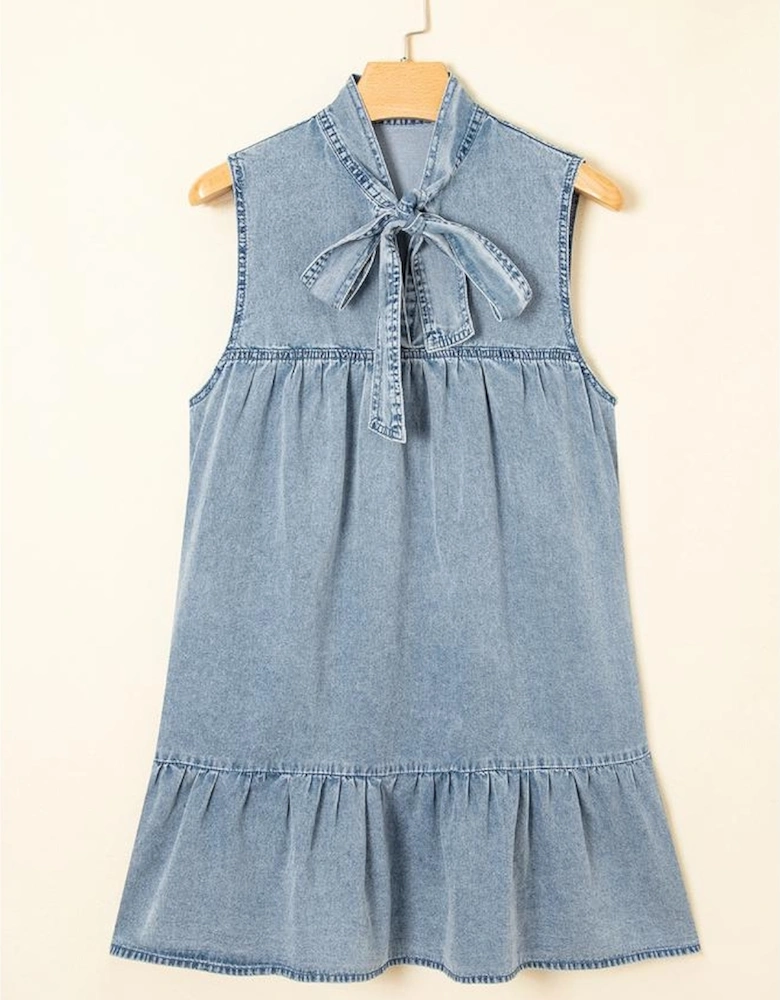 Real Teal Bowknot Neck Sleeveless Ruffled Chambray Dress