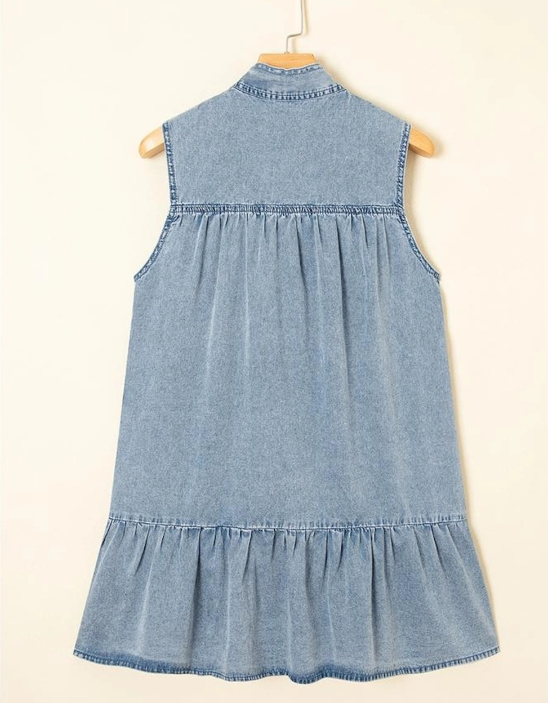 Real Teal Bowknot Neck Sleeveless Ruffled Chambray Dress