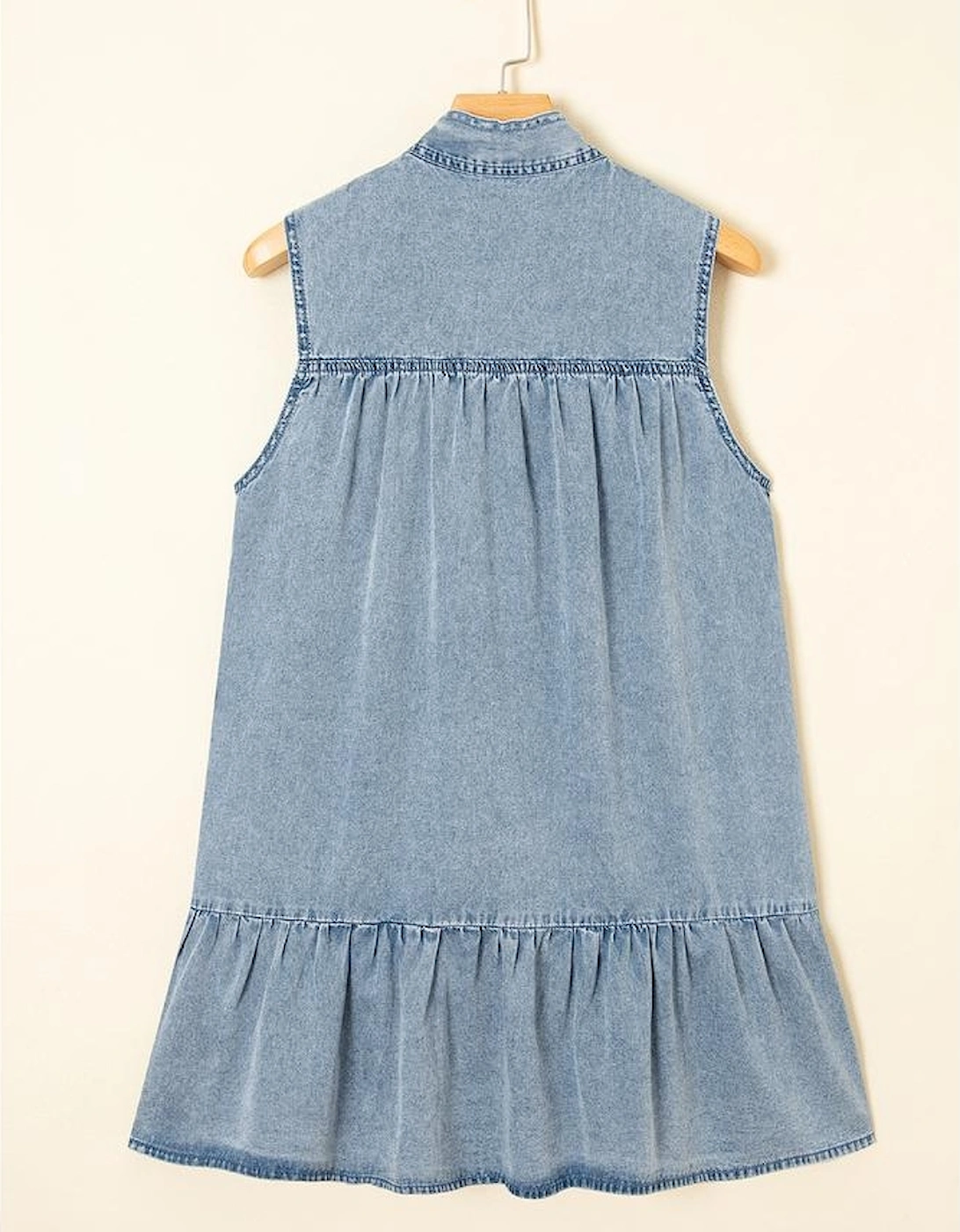 Real Teal Bowknot Neck Sleeveless Ruffled Chambray Dress