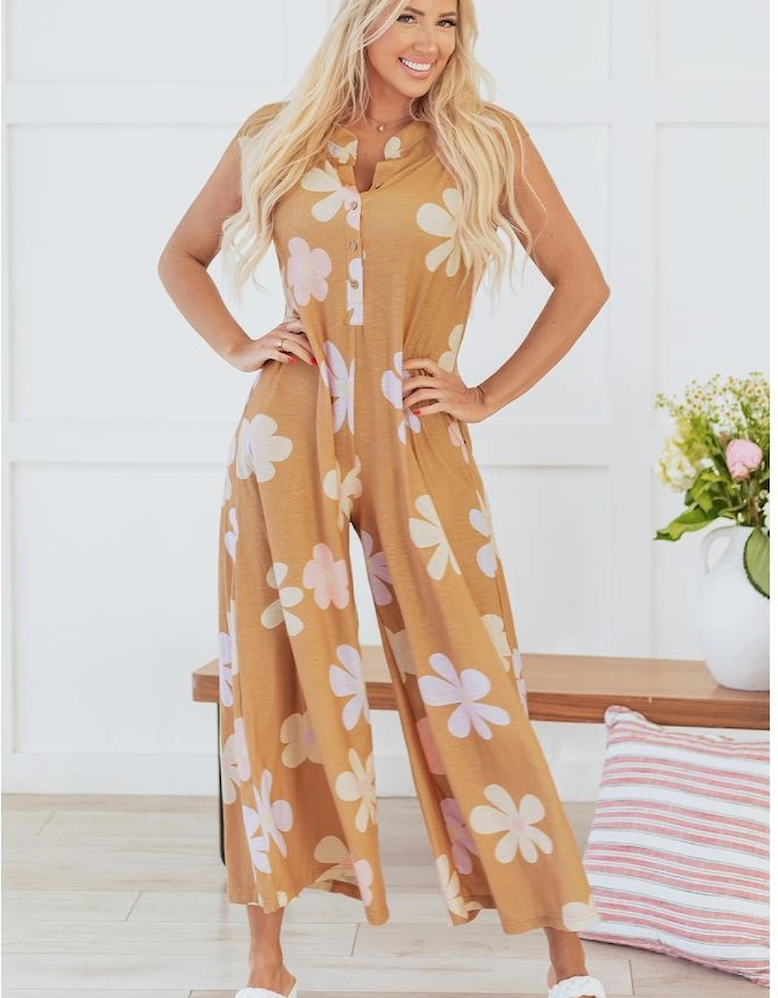 Khaki Floral Print Sleeveless Button up Wide Leg Loose Jumpsuit