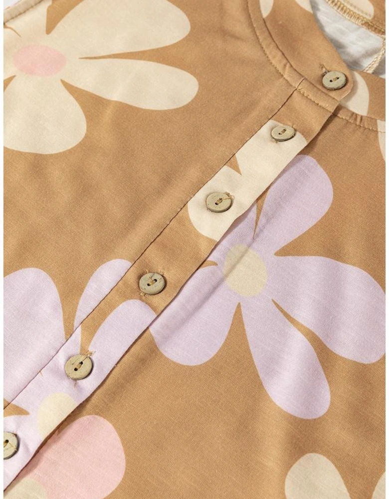 Khaki Floral Print Sleeveless Button up Wide Leg Loose Jumpsuit