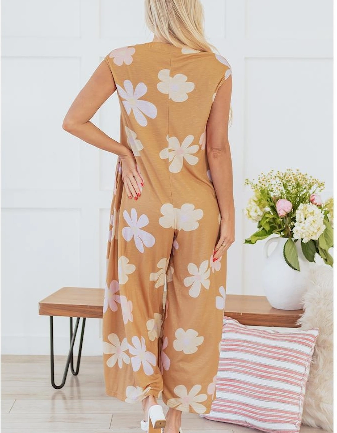 Khaki Floral Print Sleeveless Button up Wide Leg Loose Jumpsuit