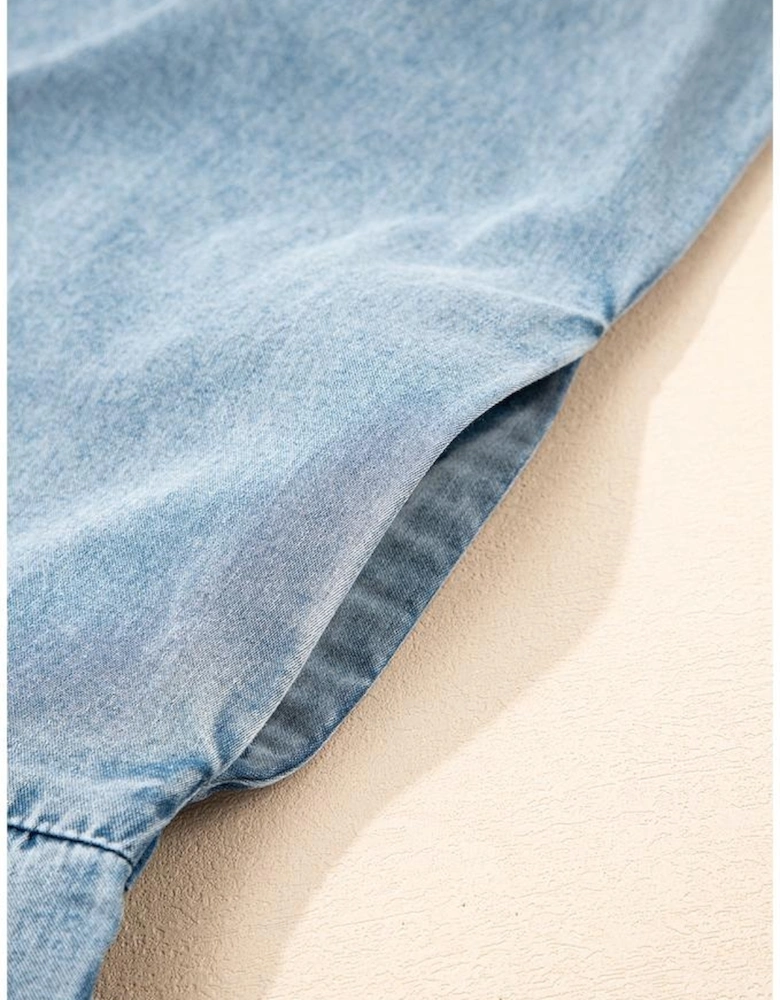 Real Teal Bowknot Neck Sleeveless Ruffled Chambray Dress