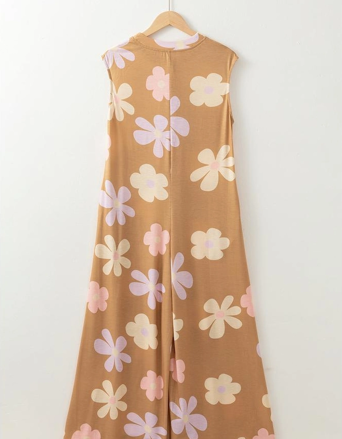 Khaki Floral Print Sleeveless Button up Wide Leg Loose Jumpsuit