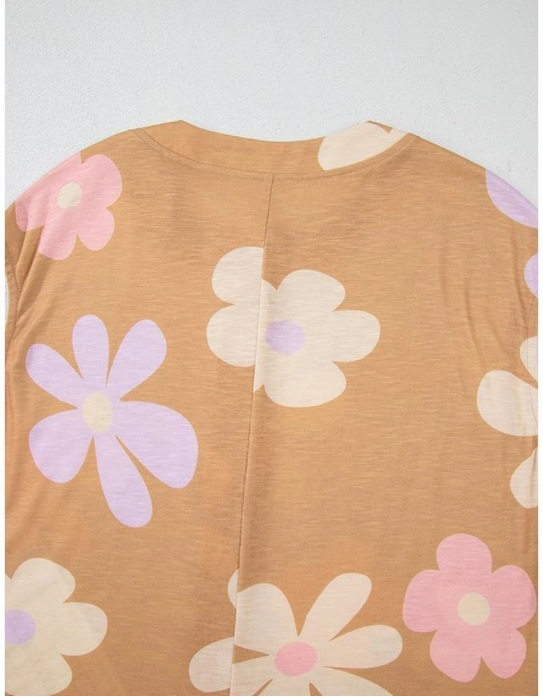 Khaki Floral Print Sleeveless Button up Wide Leg Loose Jumpsuit