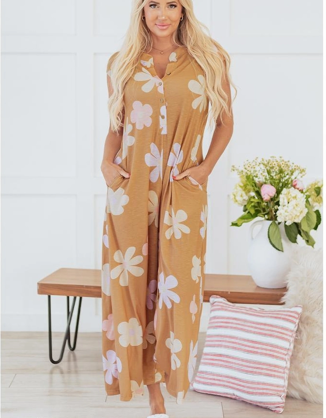 Khaki Floral Print Sleeveless Button up Wide Leg Loose Jumpsuit