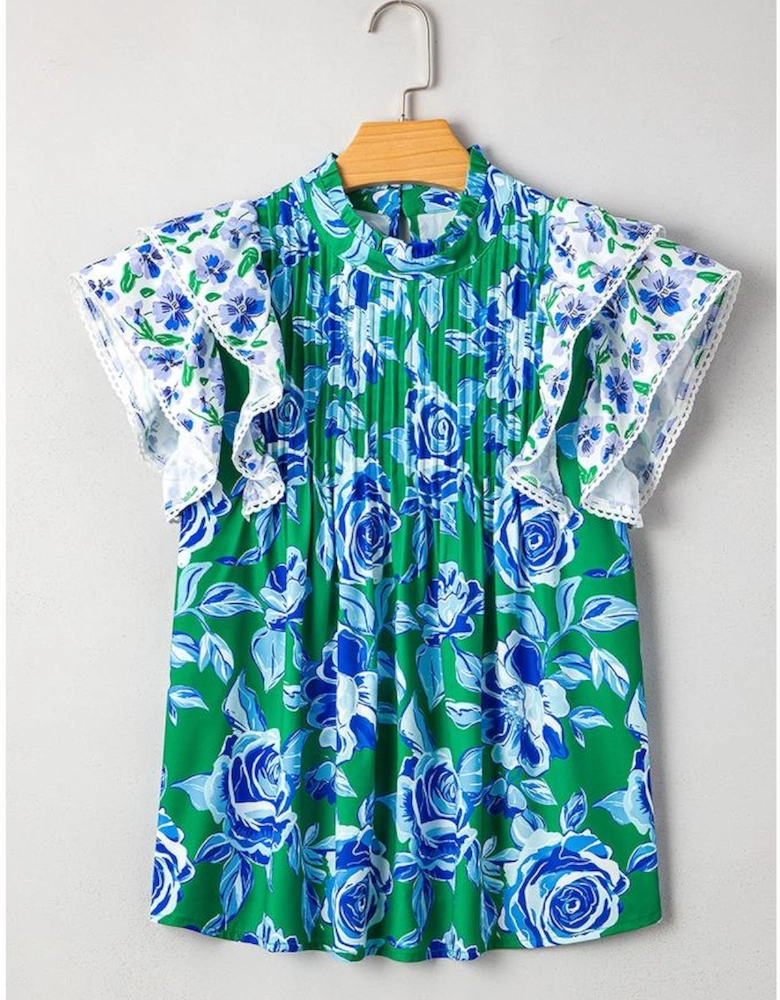 Green Floral Print Lace Trim Contrast Ruffle Sleeve Pleated Loose Blouse