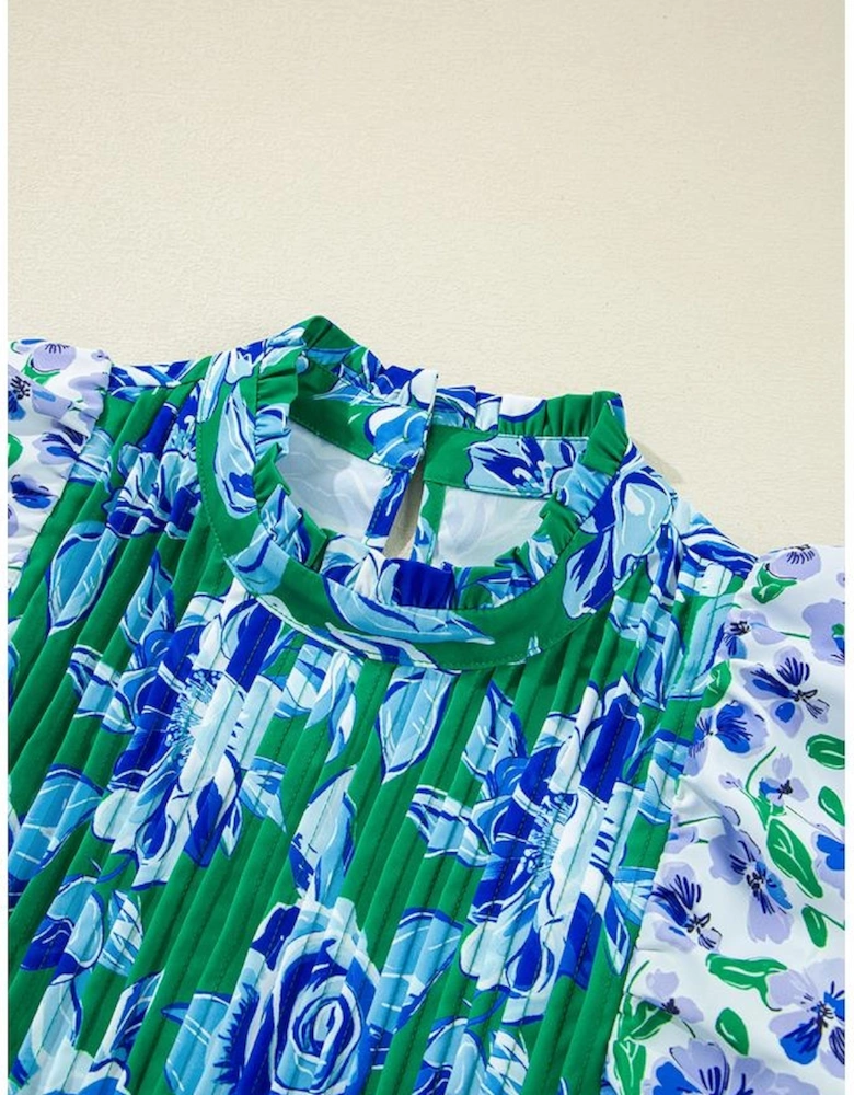 Green Floral Print Lace Trim Contrast Ruffle Sleeve Pleated Loose Blouse