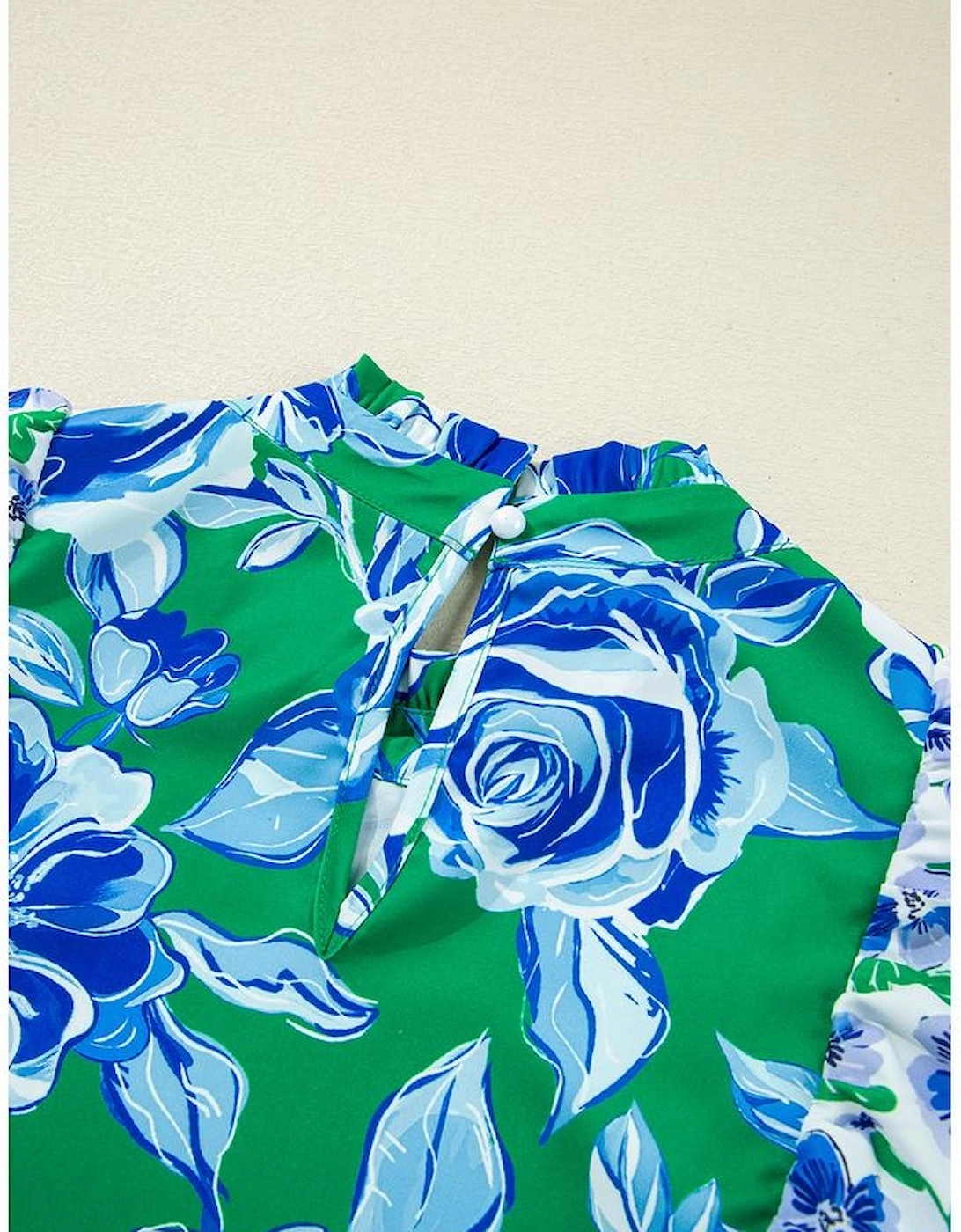 Green Floral Print Lace Trim Contrast Ruffle Sleeve Pleated Loose Blouse