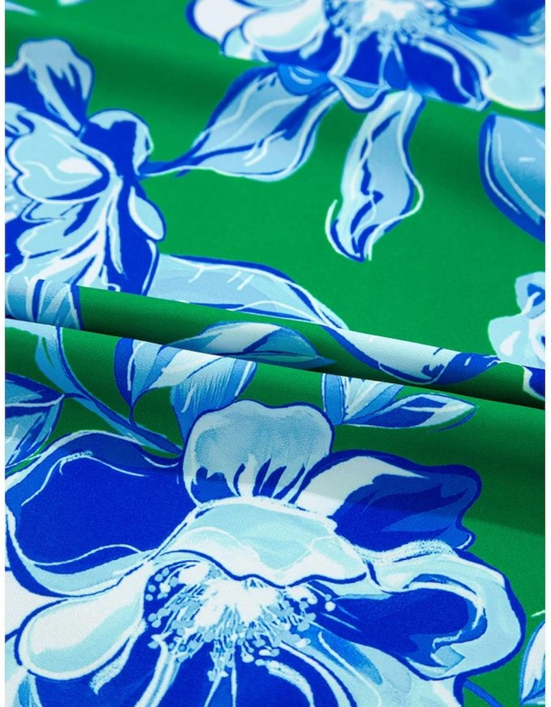 Green Floral Print Lace Trim Contrast Ruffle Sleeve Pleated Loose Blouse