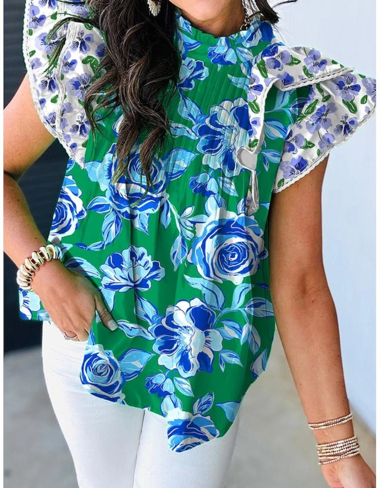 Green Floral Print Lace Trim Contrast Ruffle Sleeve Pleated Loose Blouse