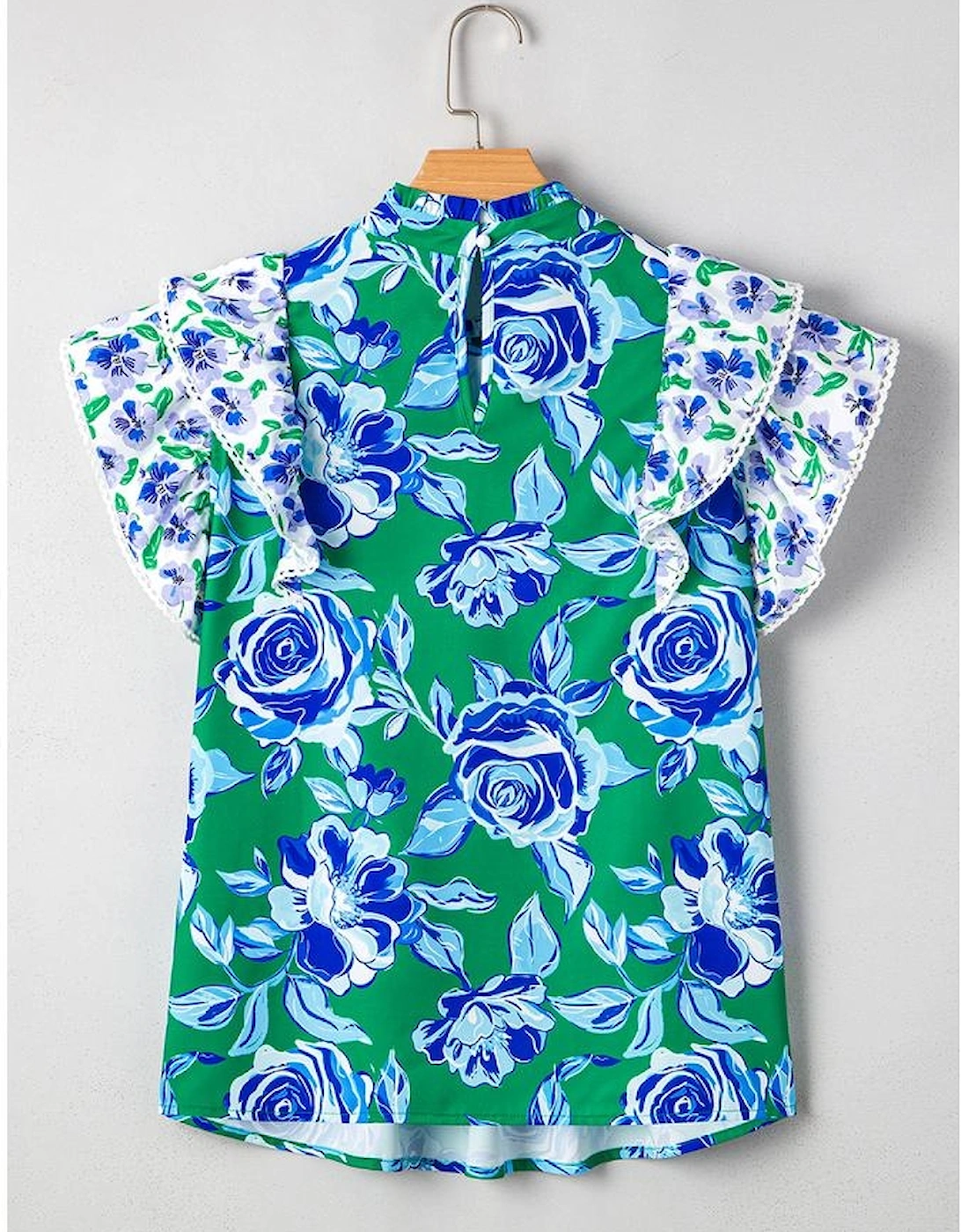 Green Floral Print Lace Trim Contrast Ruffle Sleeve Pleated Loose Blouse