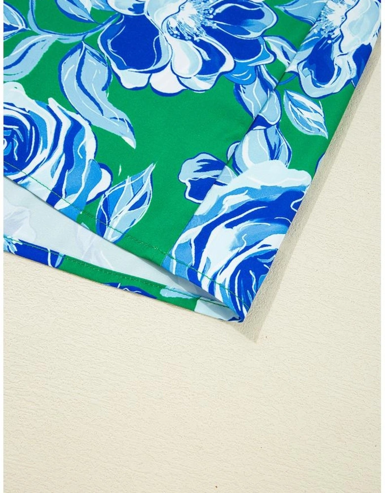 Green Floral Print Lace Trim Contrast Ruffle Sleeve Pleated Loose Blouse