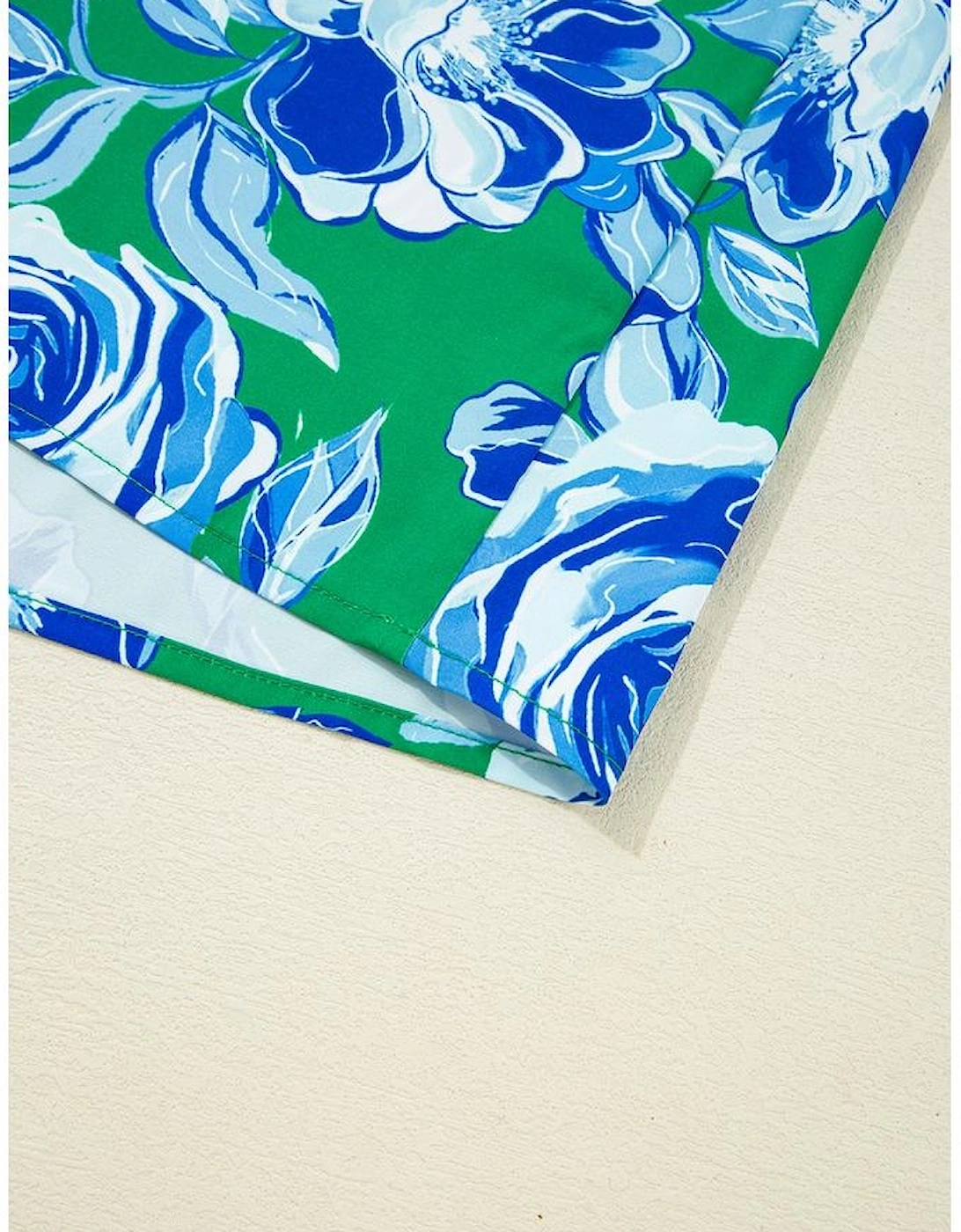 Green Floral Print Lace Trim Contrast Ruffle Sleeve Pleated Loose Blouse