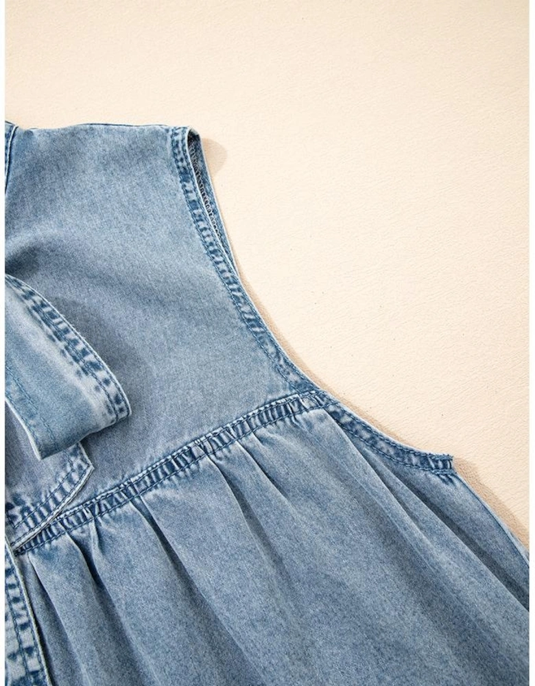 Real Teal Bowknot Neck Sleeveless Ruffled Chambray Dress