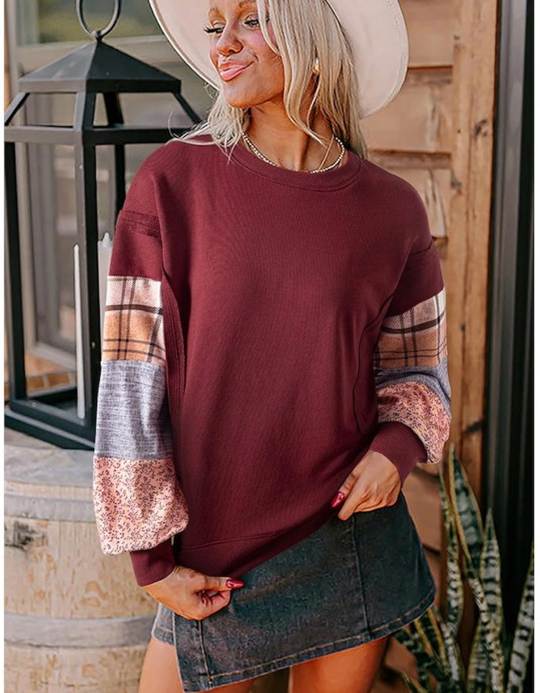 Red Sandalwood Plaid Colorblock Patchwork Sleeve Raw Seam Sweatshirt