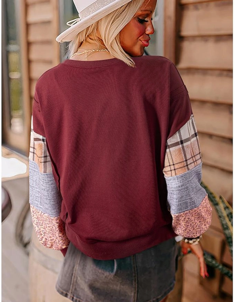 Red Sandalwood Plaid Colorblock Patchwork Sleeve Raw Seam Sweatshirt