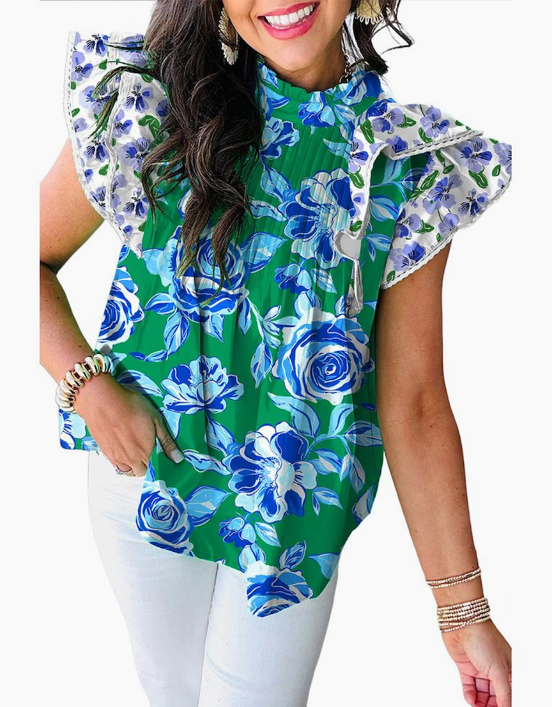 Green Floral Print Lace Trim Contrast Ruffle Sleeve Pleated Loose Blouse