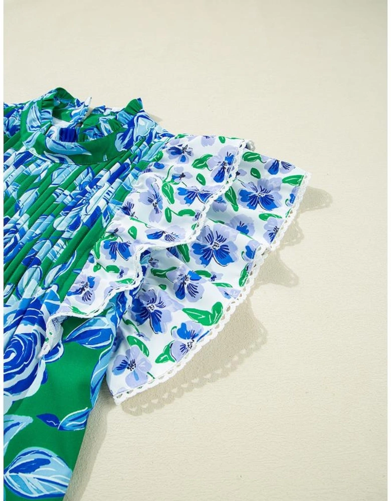 Green Floral Print Lace Trim Contrast Ruffle Sleeve Pleated Loose Blouse