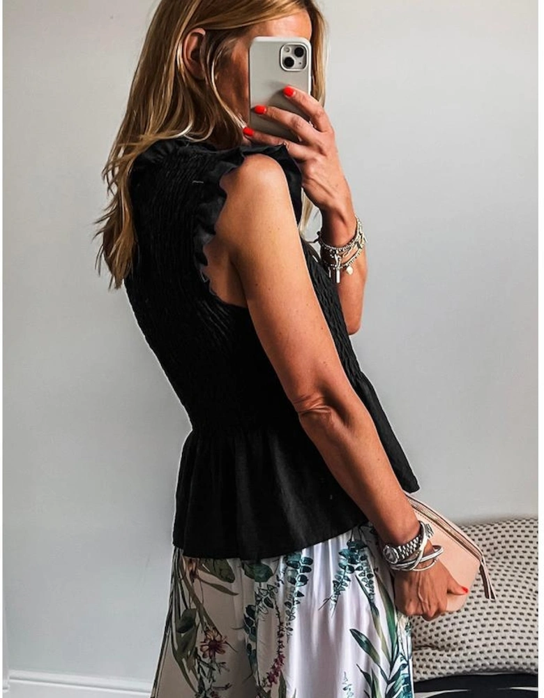 Black Ruffle Short Sleeve Shirred Peplum Top