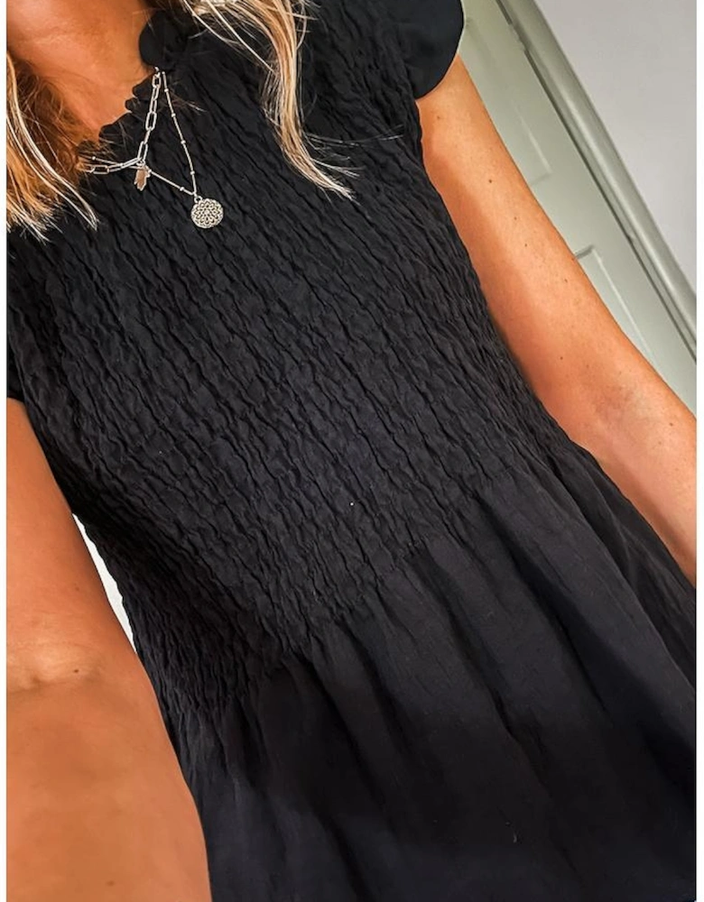 Black Ruffle Short Sleeve Shirred Peplum Top