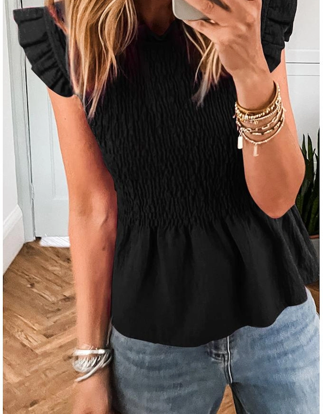 Black Ruffle Short Sleeve Shirred Peplum Top, 12 of 11