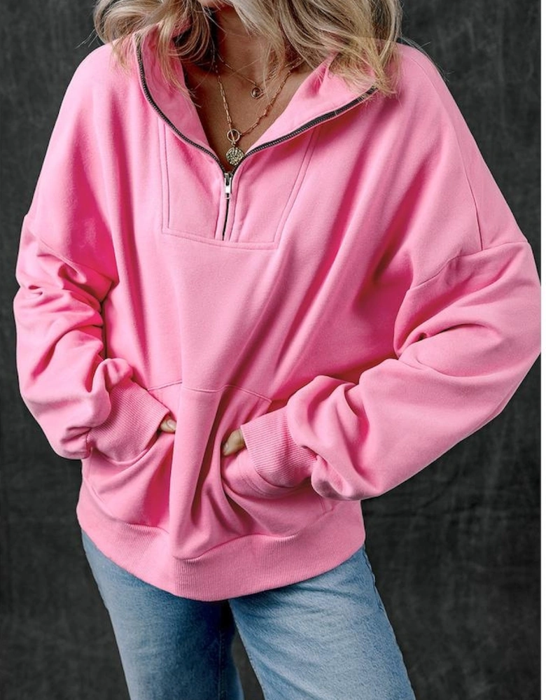 Bonbon Zip-up Stand Neck Kangaroo Pocket Sweatshirt