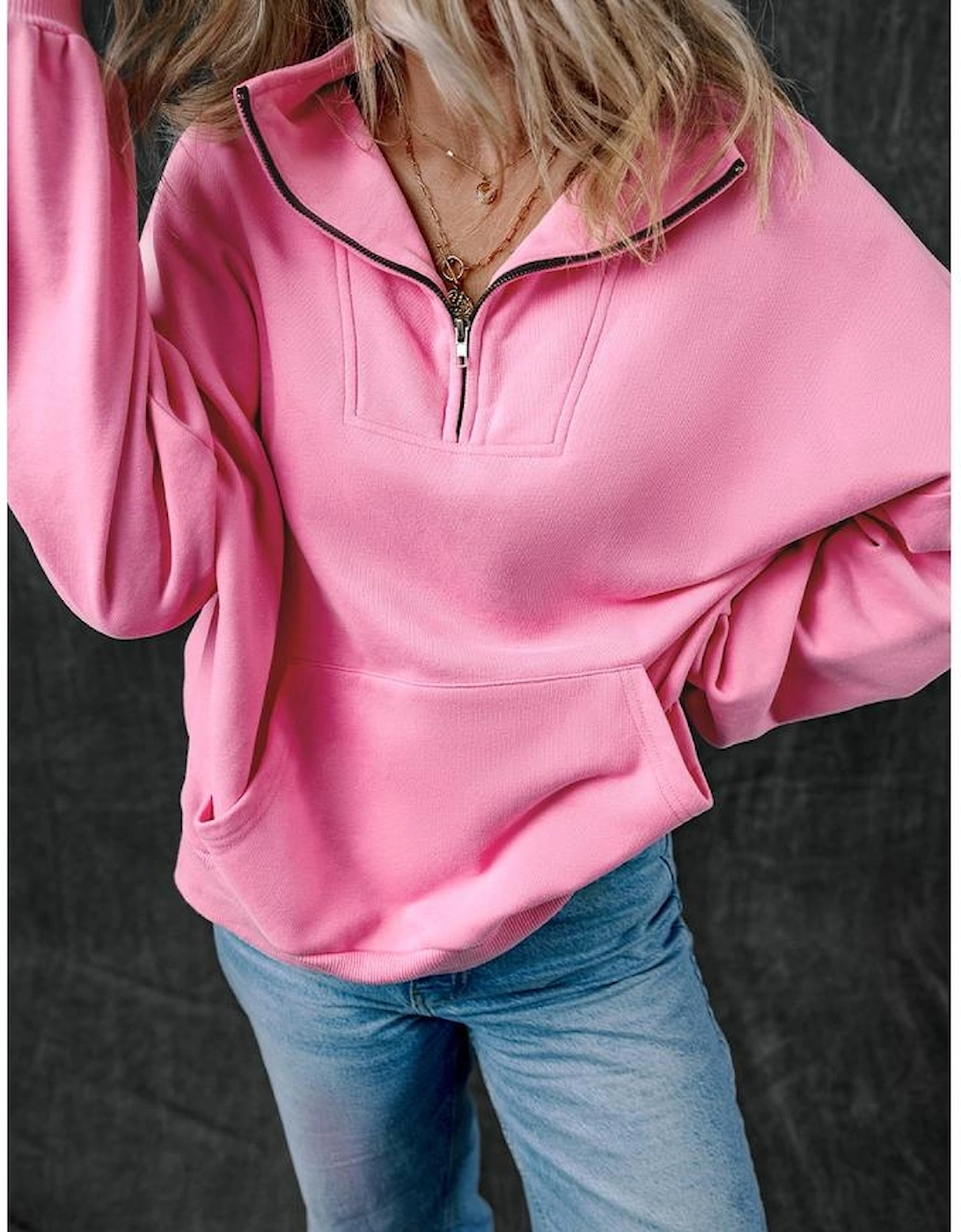 Bonbon Zip-up Stand Neck Kangaroo Pocket Sweatshirt