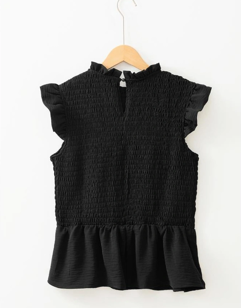 Black Ruffle Short Sleeve Shirred Peplum Top