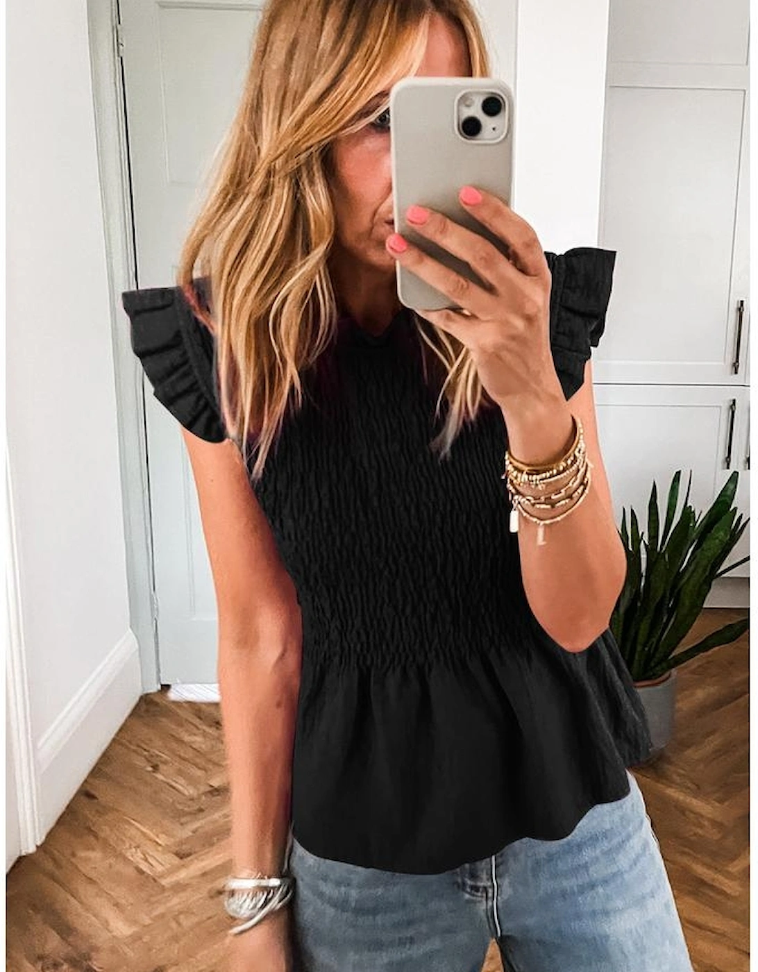 Black Ruffle Short Sleeve Shirred Peplum Top