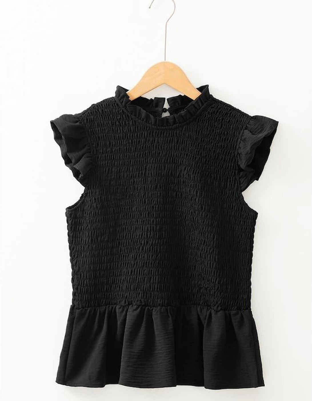 Black Ruffle Short Sleeve Shirred Peplum Top