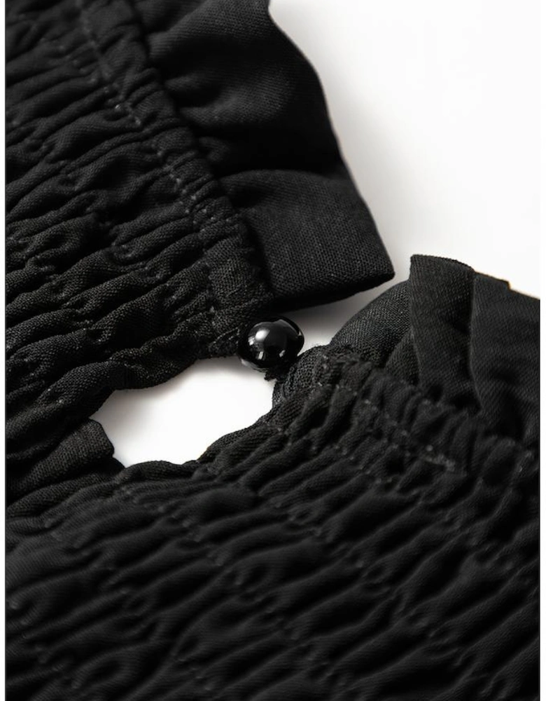 Black Ruffle Short Sleeve Shirred Peplum Top