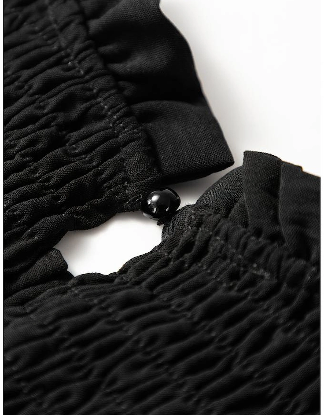 Black Ruffle Short Sleeve Shirred Peplum Top