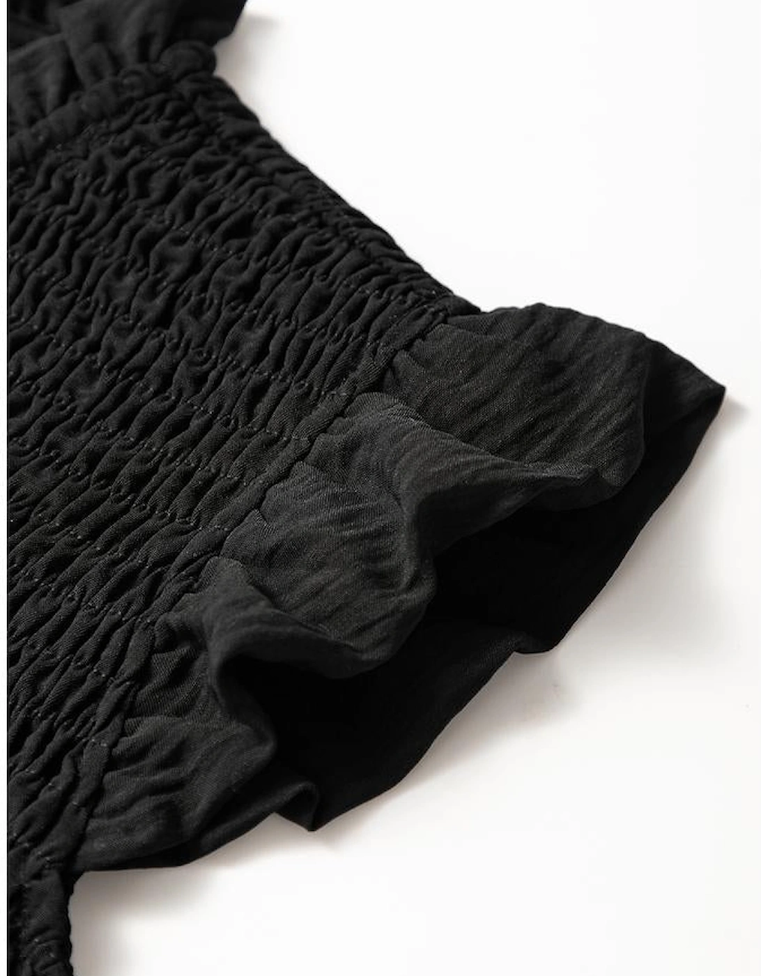 Black Ruffle Short Sleeve Shirred Peplum Top