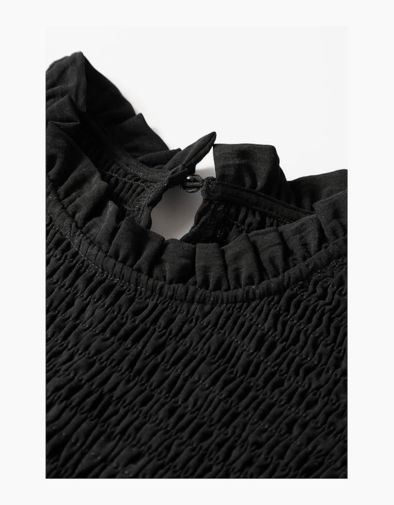 Black Ruffle Short Sleeve Shirred Peplum Top