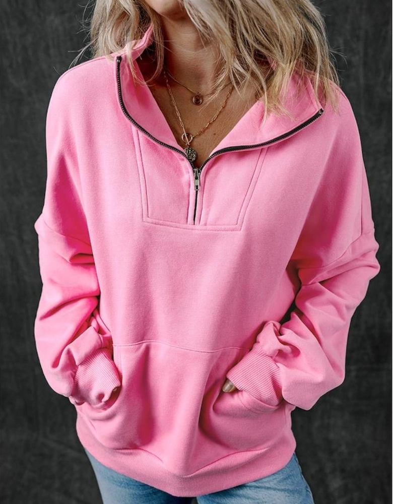 Bonbon Zip-up Stand Neck Kangaroo Pocket Sweatshirt