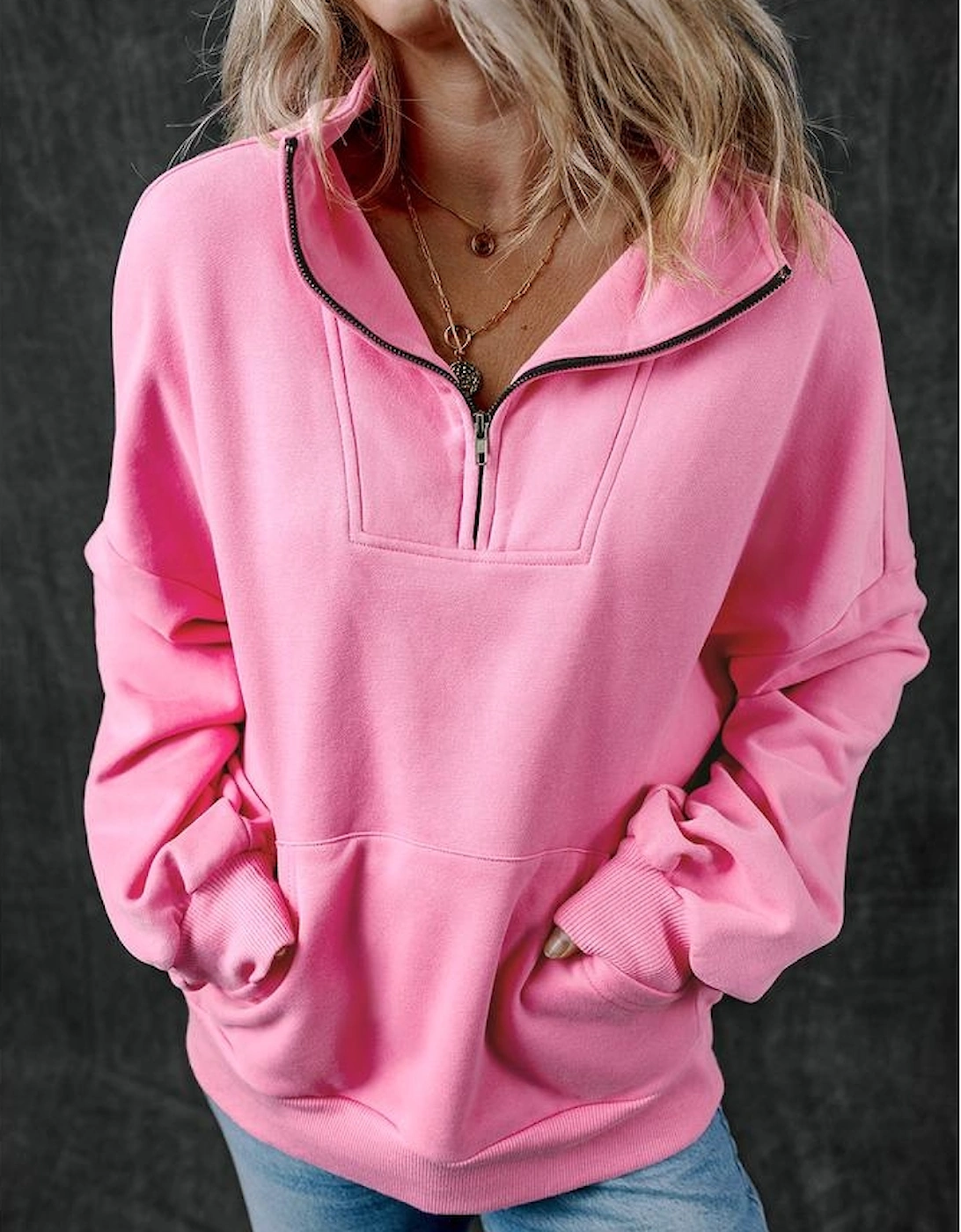 Bonbon Zip-up Stand Neck Kangaroo Pocket Sweatshirt